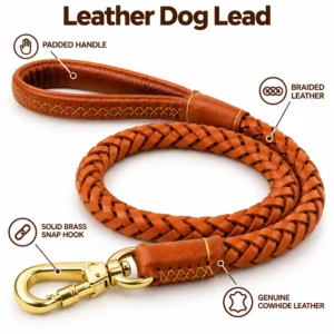 Braided leather dog leash in light tan brown cowhide with padded handle, 8-strand braid and solid brass snap hook