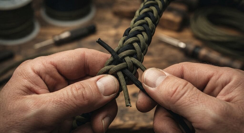 Hands actively plaiting a complex diamond pattern overlay on a paracord whip.
