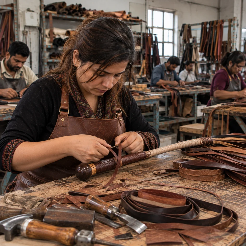Leatherworker building the handle of a handmade bullwhip