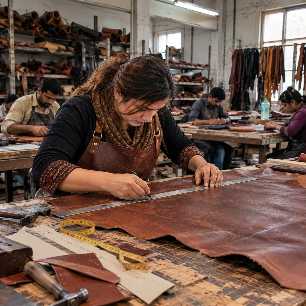 Leatherworker marking the pattern for a handmade bullwhip