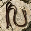 Double dog leash in brown leather with brass swivel hooks and detachable two-dog lead sections
