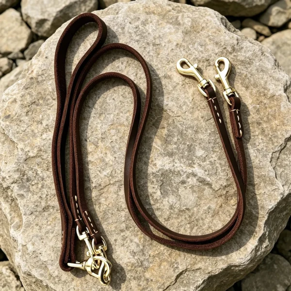 Double dog leash in brown leather with brass swivel hooks and detachable two-dog lead sections