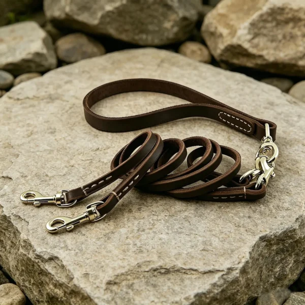 Double dog leash coiled in brown full-grain leather with reinforced stitching and brass hardware
