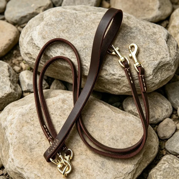 Double dog leash in full-grain brown leather with long handle, twin leads and brass clips