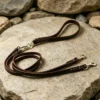 Double dog leash with brown leather handle, detachable coupler leads and brass swivel fittings