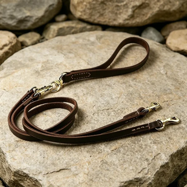 Double dog leash with brown leather handle, detachable coupler leads and brass swivel fittings