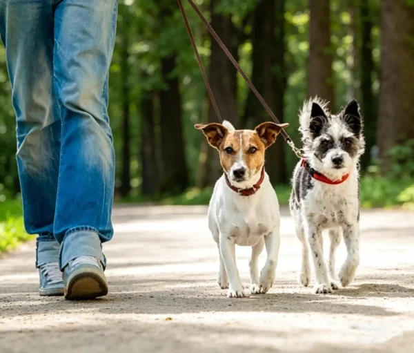 Double dog leash used to walk two small dogs together on an outdoor woodland path