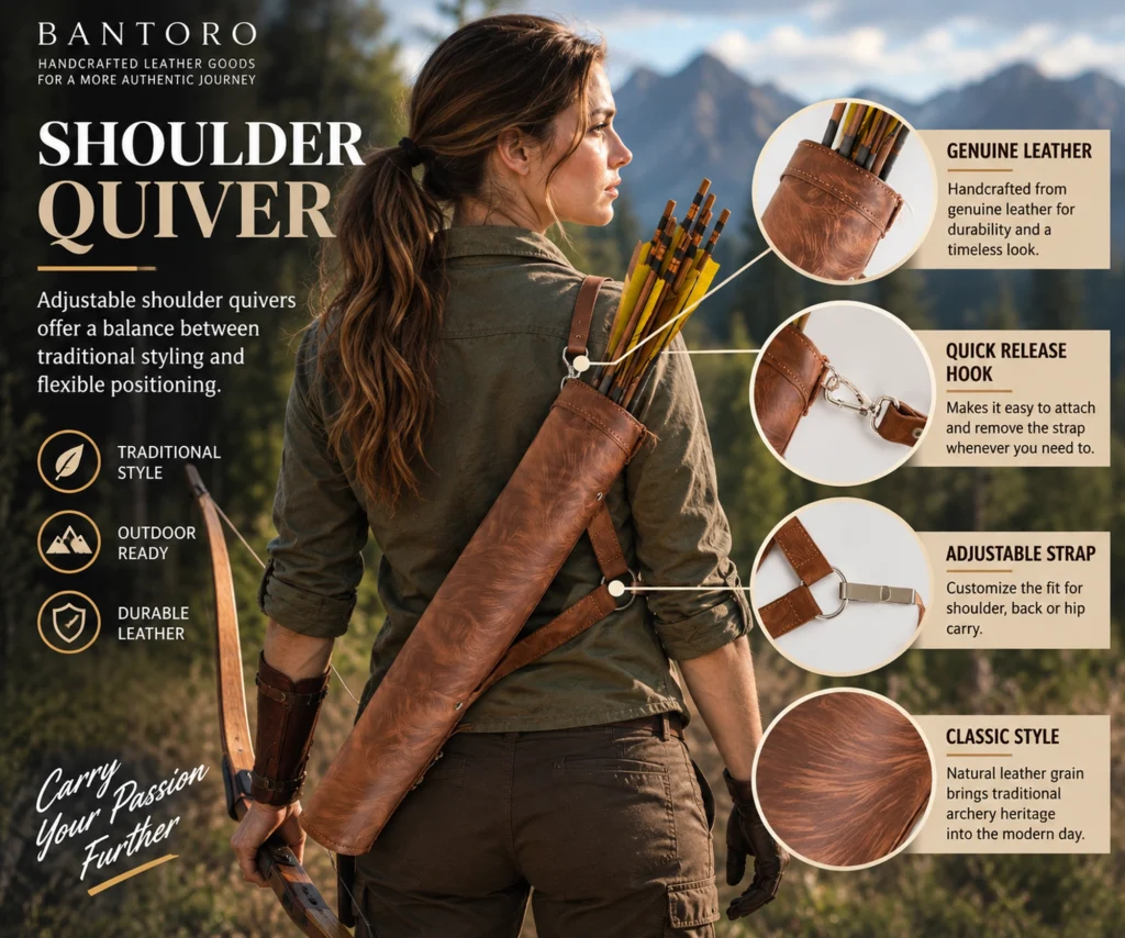 Female archer wearing a brown leather shoulder quiver with adjustable strap and quick release hook