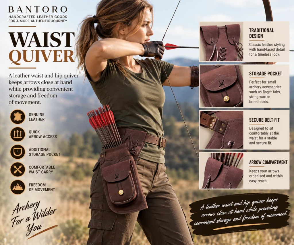 Female archer wearing a brown leather waist and hip quiver with arrow compartment and storage pocket