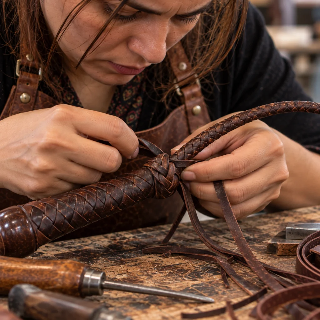 Hand forming the transition knot on a leather bullwhip