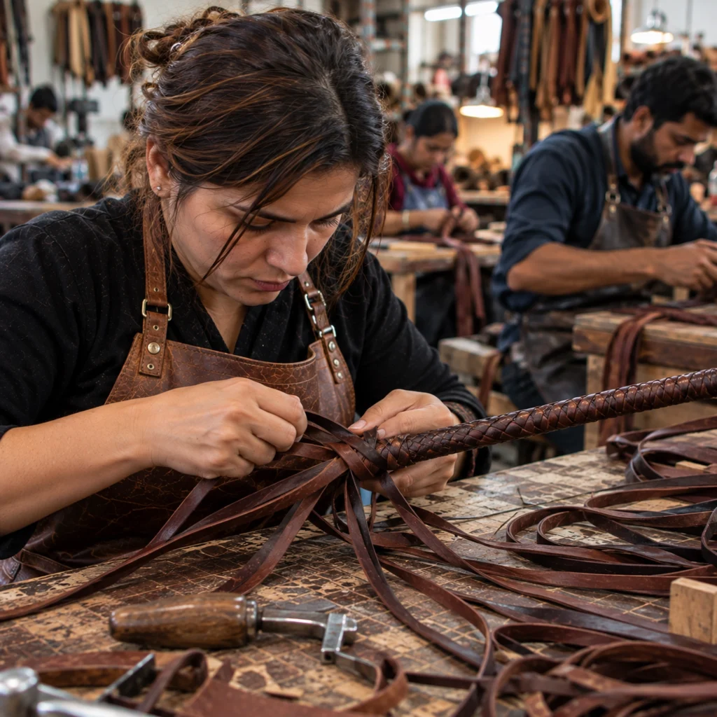Craftsperson hand braiding a leather bullwhip