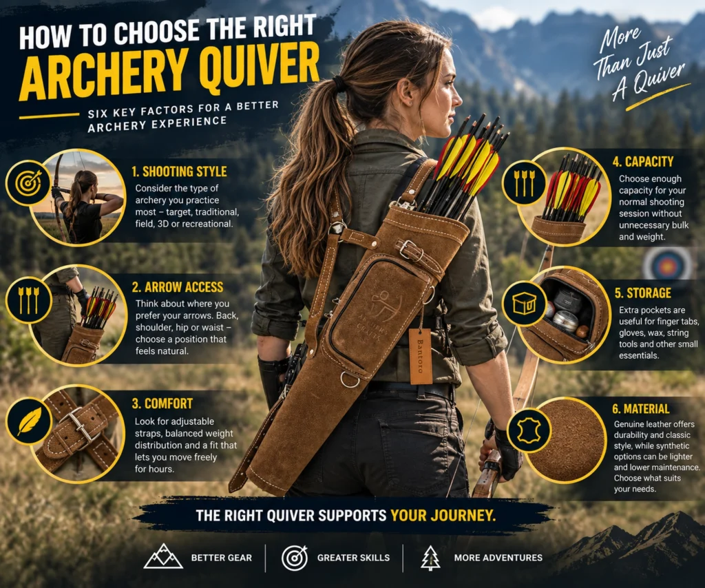 Female archer wearing a brown leather archery quiver with six key factors for choosing the right quiver