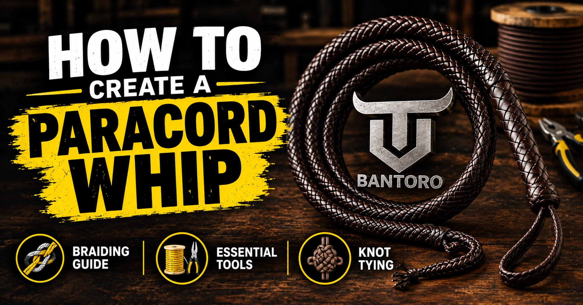 How to create a paracord whip with a braided brown whip, essential tools, and knot-tying guidance.