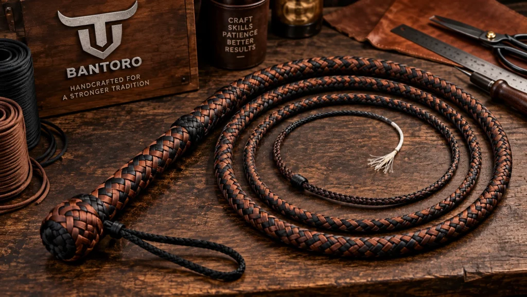 Handmade black and orange paracord bullwhip showing braided thong, handle, fall and cracker