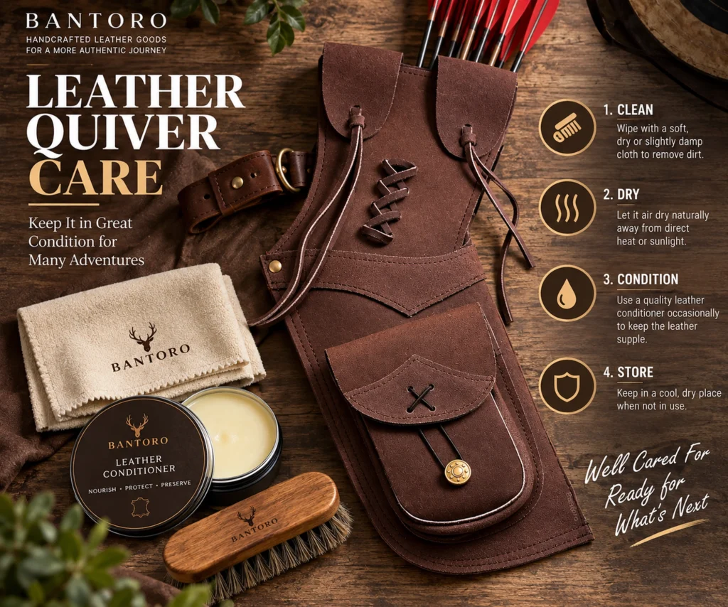 Leather archery quiver care guide with soft cloth, leather conditioner and cleaning brush