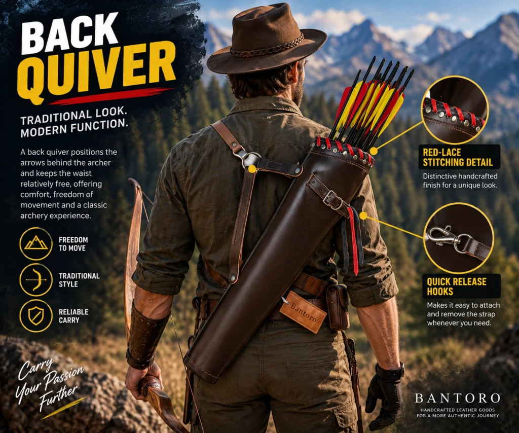 Male archer wearing a brown leather back quiver with arrows, adjustable straps and quick release hooks