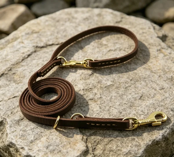 Leather dog leash 2.5M brown lead coiled on stone with brass clips and adjustable attachment rings
