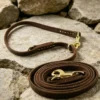 multi function dog leash in brown full-grain leather with brass clips and adjustable rings on rocks