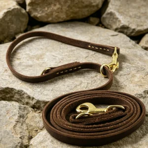 multi function dog leash in brown full-grain leather with brass clips and adjustable rings on rocks