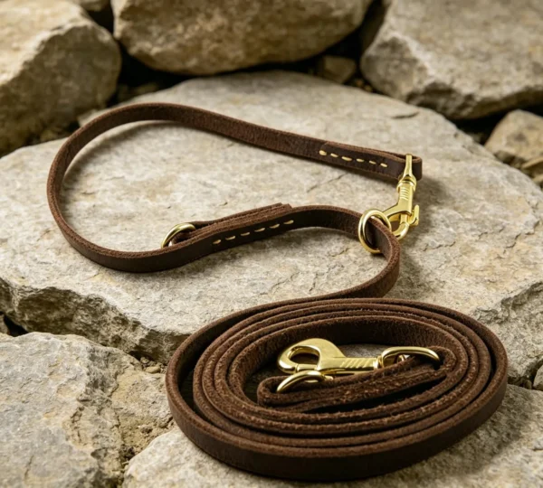 multi function dog leash in brown full-grain leather with brass clips and adjustable rings on rocks