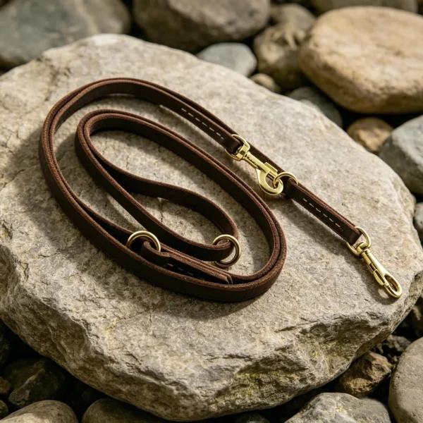 Leather dog leash multi-function brown lead with multiple rings and brass clips for adjustable configurations