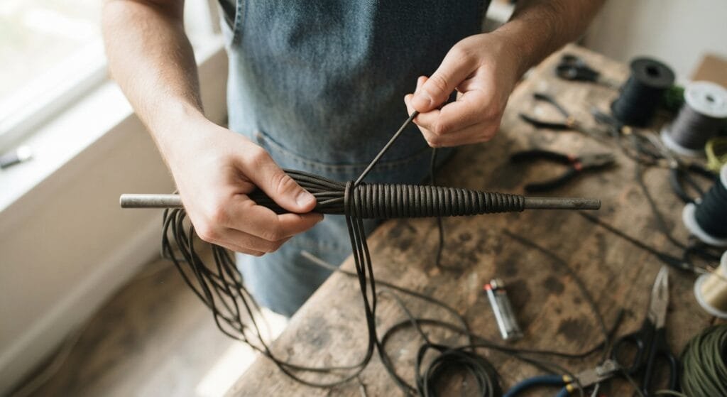Close-up of hands taping and preparing the inner core and tapered belly of a paracord whip.