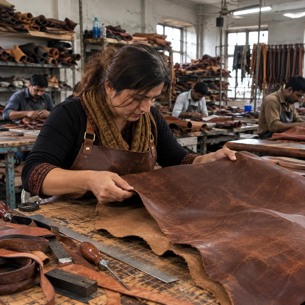 Leather craftsperson selecting leather for a handmade bullwhip