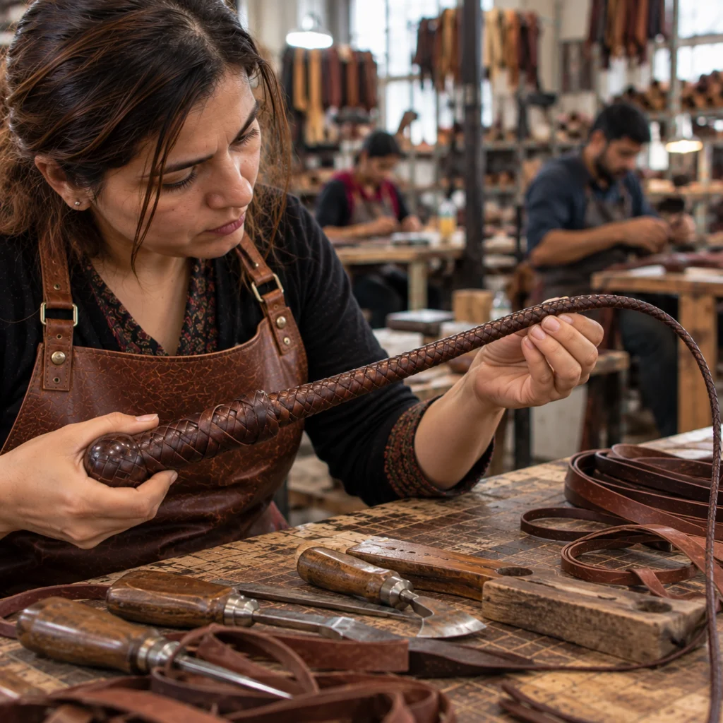 Leatherworker tapering and shaping a handmade bullwhip