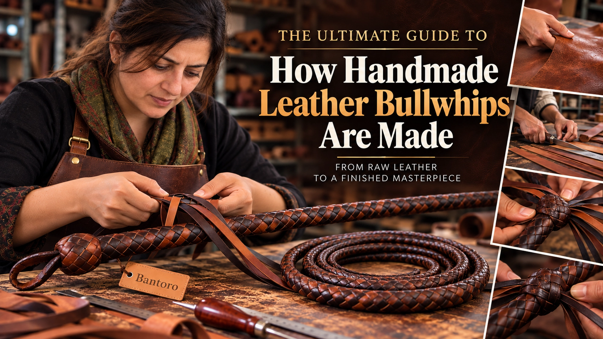 Leather craftsperson hand braiding a traditional leather bullwhip in the workshop