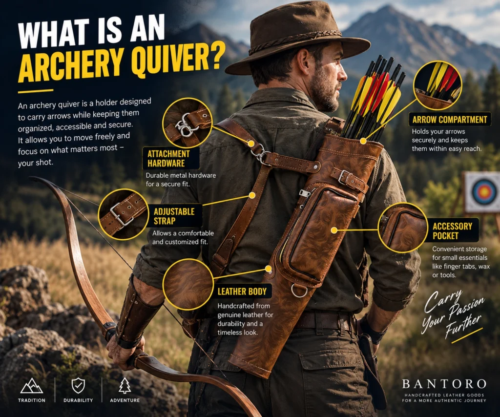 Male archer wearing a leather archery quiver showing arrow compartment, adjustable strap, attachment hardware and accessory pocket