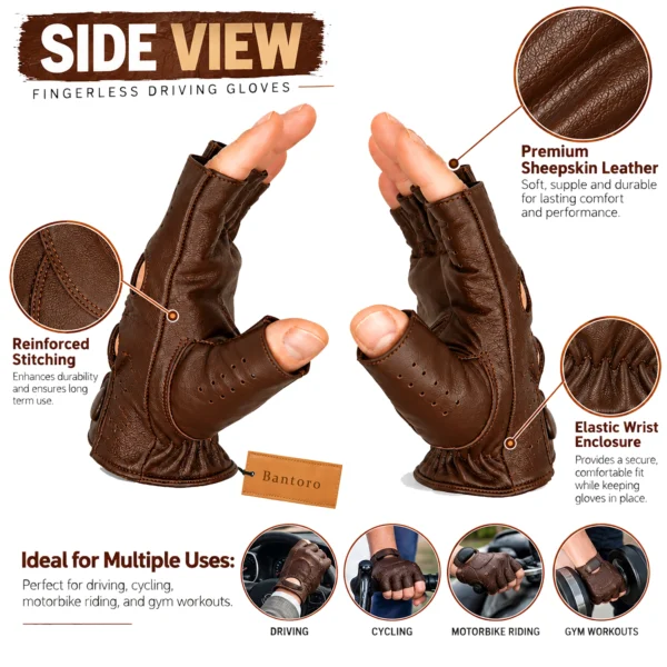 Leather Fingerless Driving Gloves in brown shown from the side with reinforced seams and examples of driving, cycling and gym use.