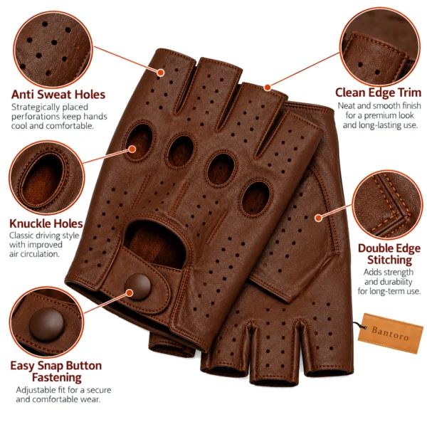 Leather Fingerless Driving Gloves in brown showing anti-sweat perforations, knuckle holes, double stitching and adjustable snap button.