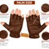 Leather Fingerless Driving Gloves in brown with palm-side sheepskin leather, reinforced thumb stitching and elastic wrist gathering.