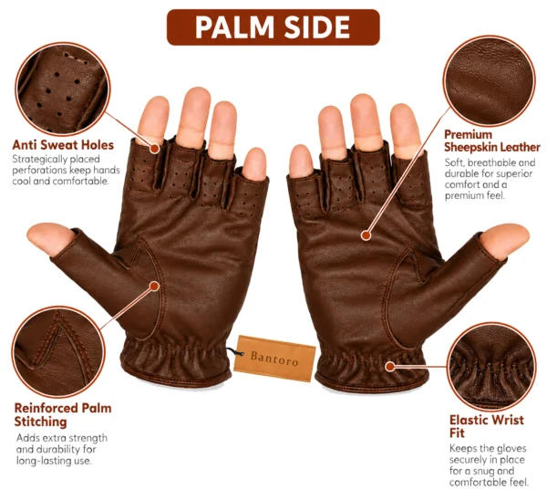 Leather Fingerless Driving Gloves in brown with palm-side sheepskin leather, reinforced thumb stitching and elastic wrist gathering.