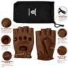 Leather Fingerless Driving Gloves in brown displayed flat showing back-of-hand and palm construction with black branded storage pouch.