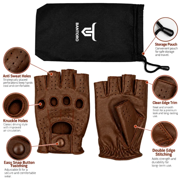 Leather Fingerless Driving Gloves in brown displayed flat showing back-of-hand and palm construction with black branded storage pouch.