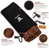 Leather Fingerless Driving Gloves in brown partially inside a black drawstring storage pouch with close-up leather and snap-button details.