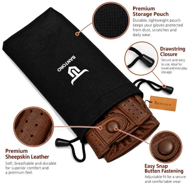 Leather Fingerless Driving Gloves in brown partially inside a black drawstring storage pouch with close-up leather and snap-button details.