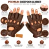 Leather Fingerless Driving Gloves in brown worn on both hands, showing exposed fingertips, knuckle openings and adjustable wrist straps.