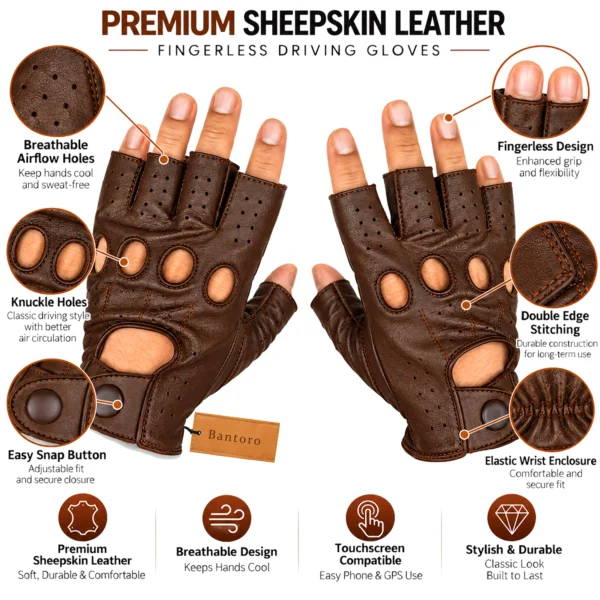 Leather Fingerless Driving Gloves in brown worn on both hands, showing exposed fingertips, knuckle openings and adjustable wrist straps.