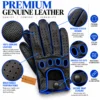 Men's Leather Driving Gloves in black and blue showing genuine leather texture, perforations, knuckle cut-outs and snap closure