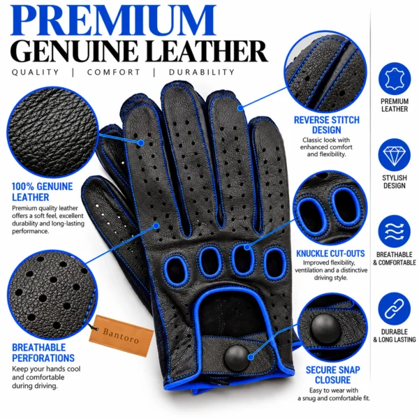 Men's Leather Driving Gloves in black and blue showing genuine leather texture, perforations, knuckle cut-outs and snap closure