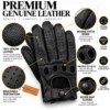 Men's Leather Driving Gloves in classic black with leather grain close-ups, reverse stitching, knuckle openings and wrist snap