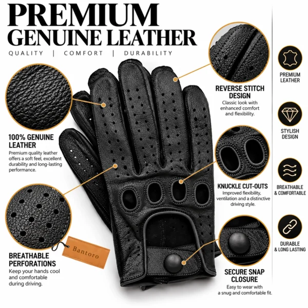 Men's Leather Driving Gloves in classic black with leather grain close-ups, reverse stitching, knuckle openings and wrist snap