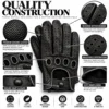 Men's Leather Driving Gloves in all black with close-ups of reverse stitching, knuckle cut-outs and soft inner lining
