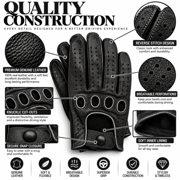 Men's Leather Driving Gloves in all black with close-ups of reverse stitching, knuckle cut-outs and soft inner lining