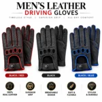 Men's Leather Driving Gloves front view showing black red, all black and black blue genuine leather colour variations
