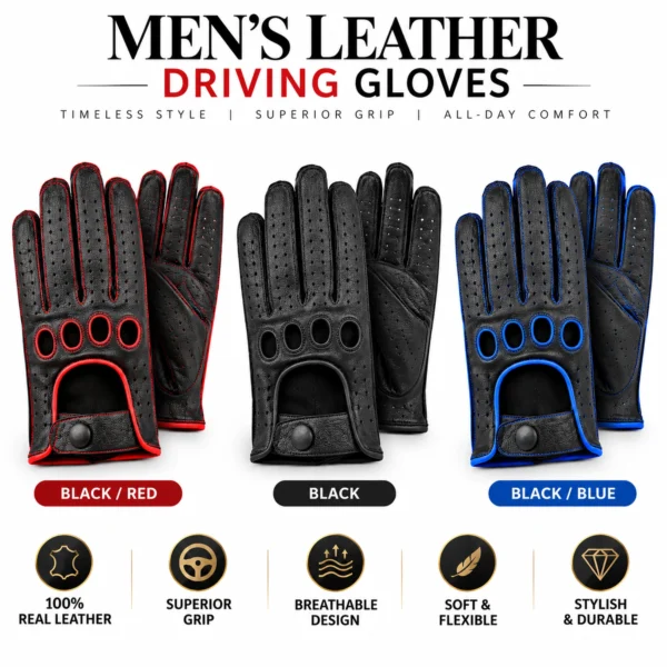 Men's Leather Driving Gloves front view showing black red, all black and black blue genuine leather colour variations