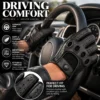 Men's Leather Driving Gloves in black worn while holding a car steering wheel showing classic grip and comfort