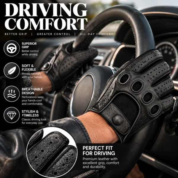 Men's Leather Driving Gloves in black worn while holding a car steering wheel showing classic grip and comfort